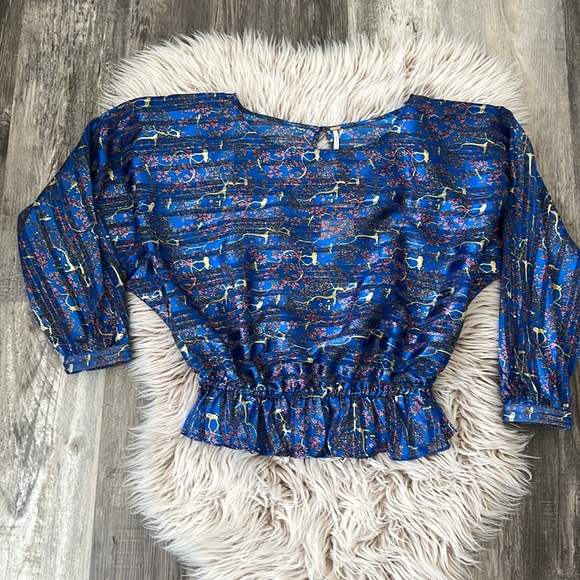 NWT Free People Blue Metallic Print Semi-Sheer Peplum Blouse Small Reg. … - Picture 6 of 11